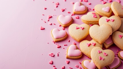 Cookie hearts made of dough with icing on a light pink background.
