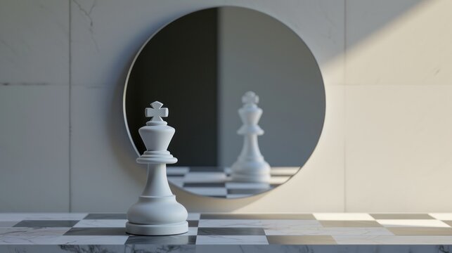 3d render, chess game white pawn piece stands in front of the round mirror where white king reflects. Contradiction metaphor. Perceptual distortion concept. Minimalist composition   