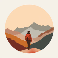 An inspirational digital illustration of a person backpacking in the mountains, symbolizing independence and the joy of solo travel. Circular design.