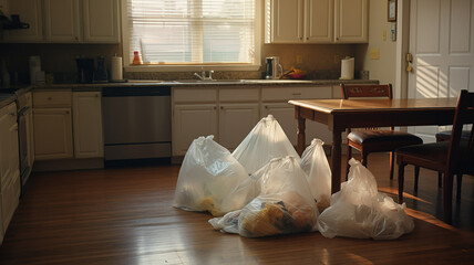 Fototapeta na wymiar garbage bags accumulating in the kitchen