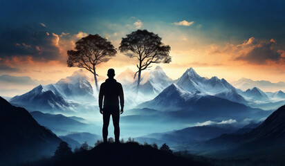 Silhouette of man and nature view on the beautiful mountains landscape. Double exposure. Human and nature cooperation. Concept of environment issues - obrazy, fototapety, plakaty