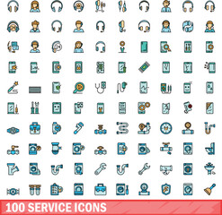 100 service icons set. Color line set of service vector icons thin line color flat on white