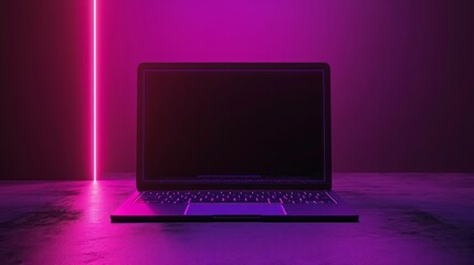 3d render laptop notebook electronic device isolated on ultra violet background, illuminated with neon light. Virtual reality. Futuristic technology concept. Digital illustration   