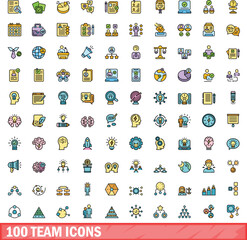 100 team icons set. Color line set of team vector icons thin line color flat on white