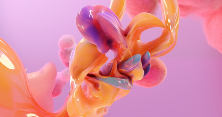 abstract calm organic dreamy shapes 3D render, pink orange purple, liquid siwrl background	
