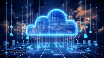 Cloud computing concept background. Digital data processing in the virtual cloud abstract background. Glowing digital cloud with pixels, lines, connectivity, and data flow in the virtual world.  - obrazy, fototapety, plakaty