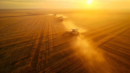 Harvesting mature rice with a large number of modern combine harvesters. High-resolution