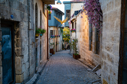 Historical narrow streets of Gaziantep. Gaziantep, Turkey - December 4, 2023.