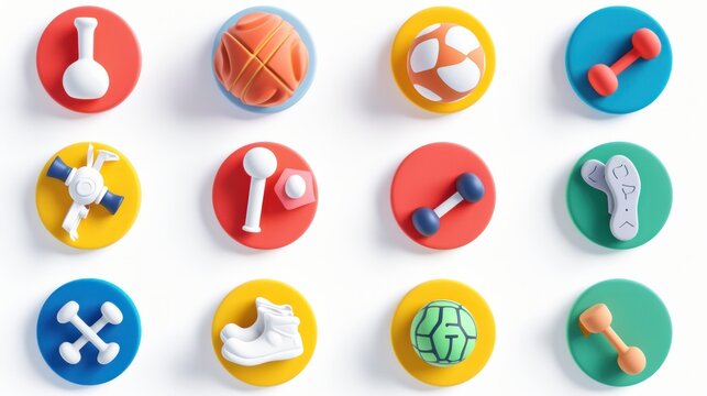 3d render, set of assorted icons for fitness blog, round stickers with hands legs and sportive equipment, social account design. Abstract sport circles isolated on white background    