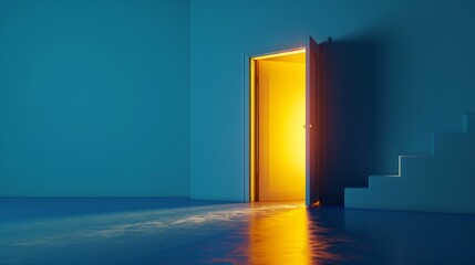 3d render, yellow light going through the open door isolated on blue background. Architectural design element. Modern minimal concept. Opportunity metaphor   
