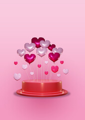 3D Pedestal with red and pink heart balloons
