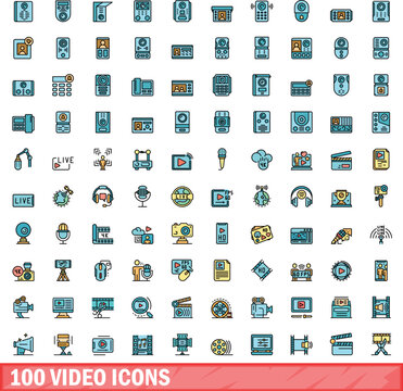 100 video icons set. Color line set of video vector icons thin line color flat on white