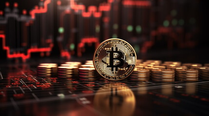3D gold Bitcoin on price candlestick chart background.  Market crash, Dropping down. Price Value Decrease Recession, Loss. Generated AI.