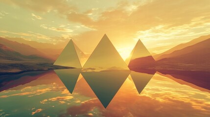 3d render. Abstract minimalist background of fantastic sunset landscape, golden triangular flat mirrors, hills and reflection. Surreal aesthetic wallpaper    - obrazy, fototapety, plakaty