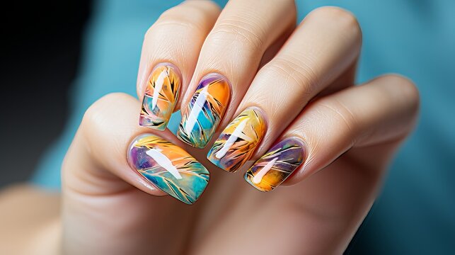 Vibrant close up of intricately crafted nail art designs with studio lighting