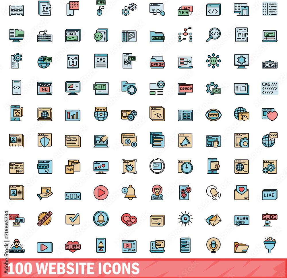 Wall mural 100 website icons set. color line set of website vector icons thin line color flat on white