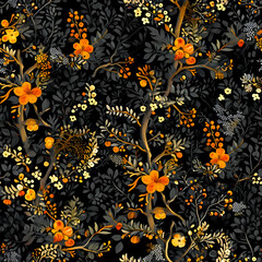 Dark mystery forest on a black background in Russian style. Seamless pattern. Yellow red tiny flowers with green leaves. High quality