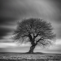 A lone tree standing strong against a howling wind.