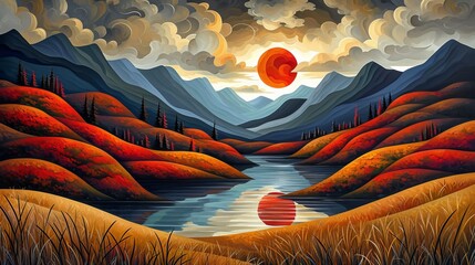 Landscape art, pop art deco, colorful painting with hills and lakes.