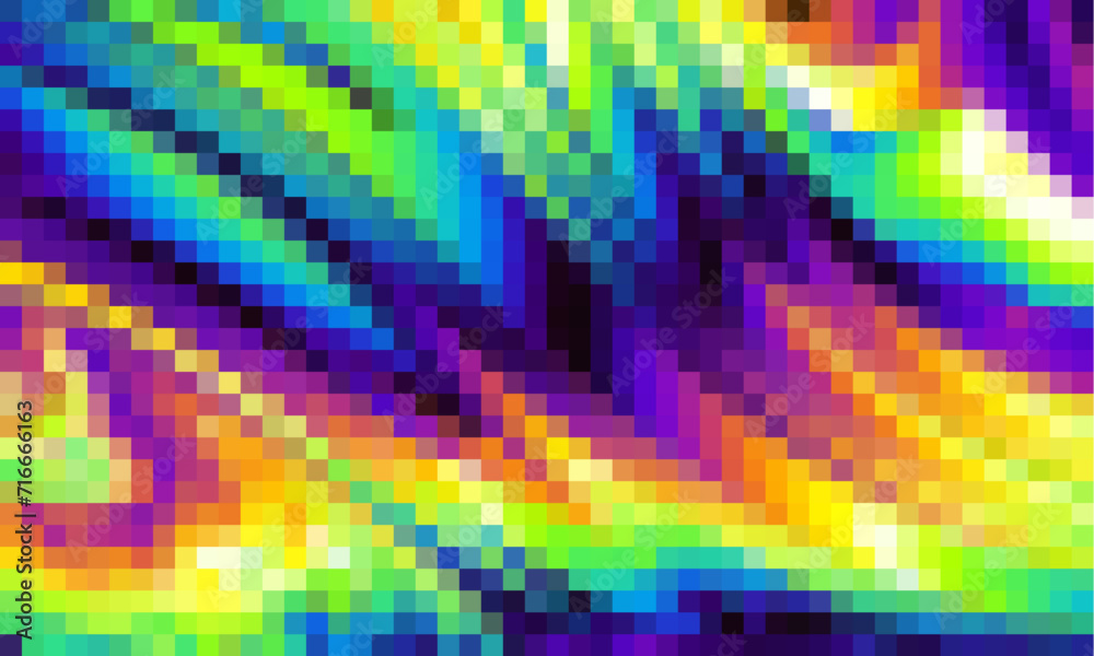 Poster Trippy psychedelic colorful neon geometric shapes abstract background, Pixelated vector pattern