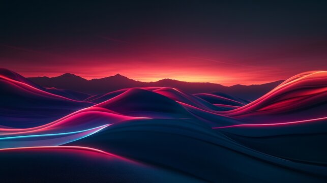 3d render. Aesthetic minimalist wallpaper. Abstract fantastic neon background. Night scenery of glowing speed lines flowing in front of the mountains under the sunset sky   