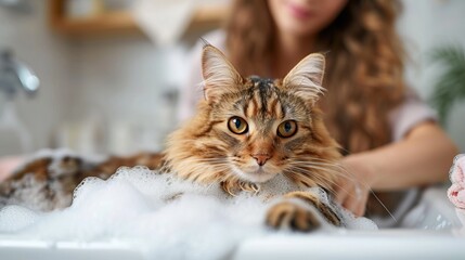 Girl washing fluffy cat in grooming salon   funny wet cat bathing session