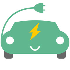 Cute and Smiling electric car icon with plug.Eco friendly vehicle concept. Vector illustration flat 