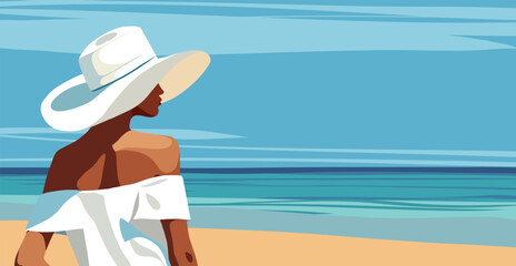 Summer holidays. Horizontal vector flat banner with place for text. Tourism. Woman on vacation in a white dress, swimsuit and hat walking on the beach. Woman back view