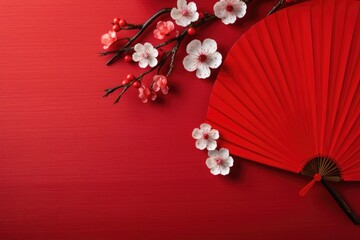 Chinese new year decoration. Lunar new year flat lay cherry blossom. Top view with copy space