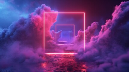3d rendering, abstract futuristic background with neon geometric shape and stormy cloud on night sky. Rhombus frame with copy space   