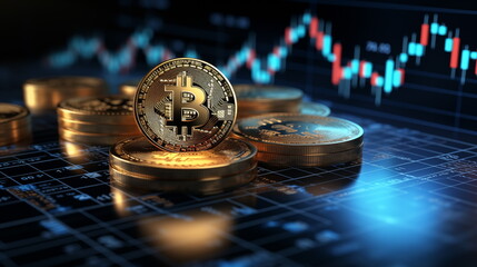 3D gold Bitcoin on price candlestick chart background. Dark trading chart Background. Crytocurrency chart. Generated AI.