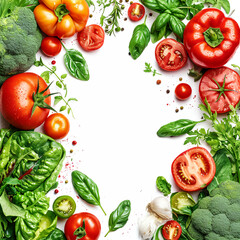 Vegetables frame around empty copy space area, Leafy greens, tomatoes, basil, herbs, spices. For organic green product advertising background
