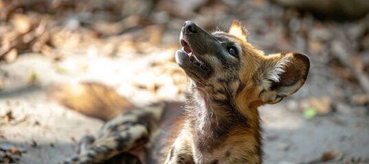 Intense close up portrait of a howling wild dog with dramatic expression, perfect for text placement