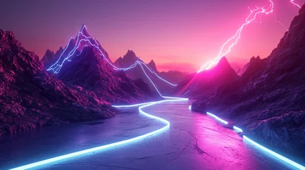 Fotobehang 3d rendering. Aesthetic minimalist wallpaper. Surreal landscape: rocky mountains and neon dynamic lines in motion. Flowing energy concept. Glowing trajectory path. Abstract futuristic background    © Emil