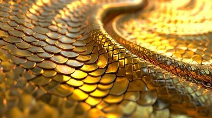looping 3d animation, abstract background with gold snake loops, shiny metallic dragon scales texture    - obrazy, fototapety, plakaty