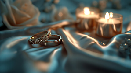 Two intertwined wedding rings resting on a bed of satin with soft candlelight creating a romantic ambiance. - obrazy, fototapety, plakaty