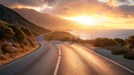 A seaside road with coastal views and light traffic sunset.