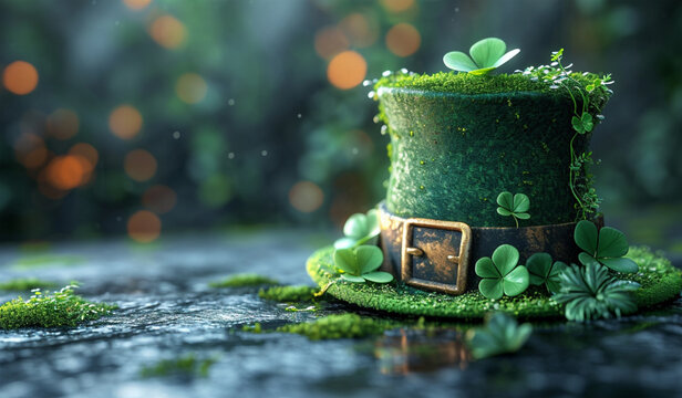 green hat with lucky clover with copy space on table with blurred background
