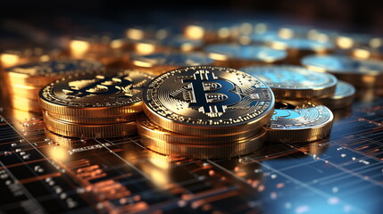 3D gold Bitcoin on price candlestick chart background. Dark trading chart Background. Crytocurrency chart. Generated AI.