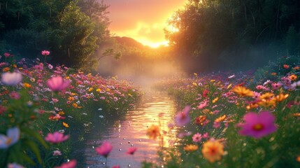 Colorful landscape with path, flowers and rivers. A romantic place to relax.