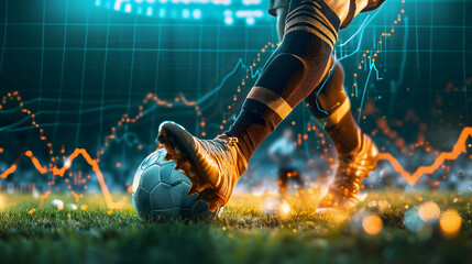 close up foot of a soccer player kicking a ball, stock chart background, investing or trading in stock or currency market background concept - obrazy, fototapety, plakaty