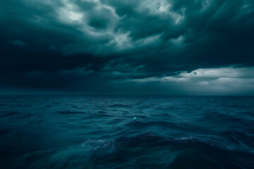 Generative Ai image of a horror black blue sky, sea haunted cloud, scary ocean, depression background, mystery gloomy dark theme, blur texture.