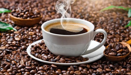 A steaming up of coffee in a white coffee cup on a white dish and surrounded by coffee beans.