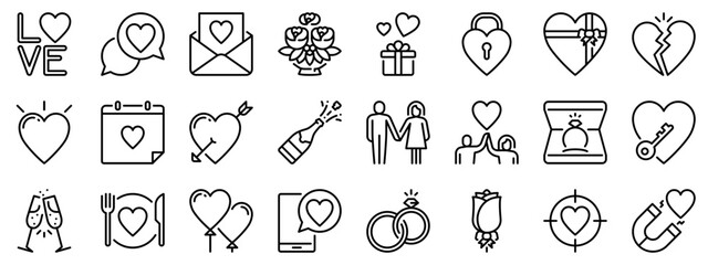 Icon set about romantic. Line icons on transparent background with editable stroke.