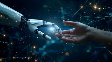 hand of human and robot or artificial Intelligence connecting data information , machine learning technology