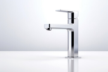 Shiny Chrome Faucet in Modern Bathroom, Clean Metallic Tap with Cold Water Flowing - Closeup Hygiene Design on White Background