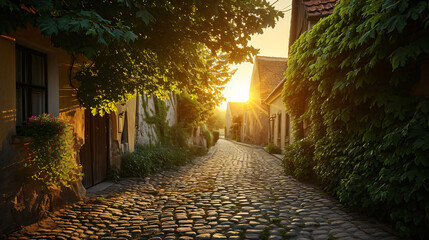A serene sunrise over an Eastern European village with golden light spilling over cobblestone streets and ancient ivy-covered buildings.