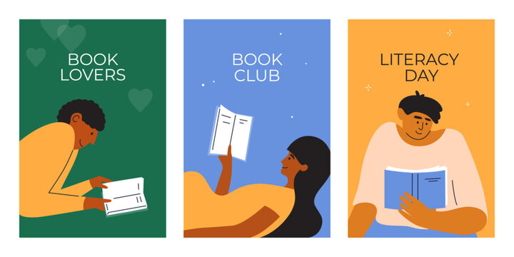 Banners set of books lovers, literacy day, book club or festival. People read literature, poetry sitting or lying. Diversity man and woman holding book in hand. Leisure, education vector illustration - Powered by Adobe