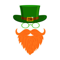 Leprechaun character with red beard, green hat, glasses and no face. Design for St. Patrick's day. Flat style. Isolated on white background. Vector illustration