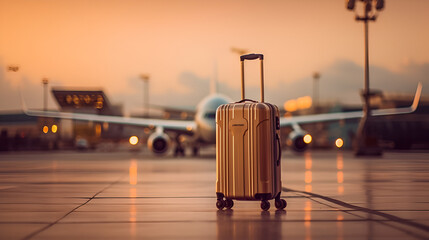 Suitcases in airport. Travel concept. 3d rendering, suitcase in the airport departure lounge, airplane in the blurred background, summer vacation concept, traveler suitcases in airport terminal wait, - obrazy, fototapety, plakaty